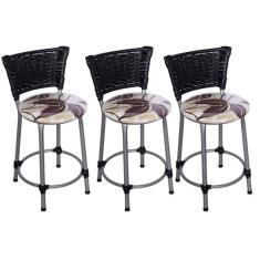 Kit 3 Banquetas Baixas Prata com Encosto Junco Preto Assento Floral Marrom