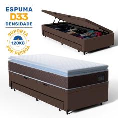 Cama Box Baú com Colchão de Espuma D33 Pillow Top Comfort Luxo + Auxiliar Unique Solteiro 88cm