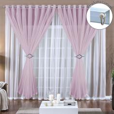 Cortina Paula 4,00M X 2,80M Rosa Para Trilho Comum Tecido Voal Leve Clean Sala
