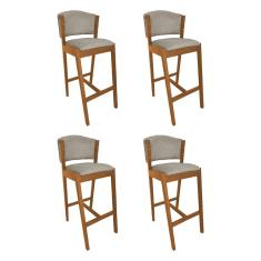 Kit 4 Banquetas Alta De Madeira Maciça Cerejeira Premium Ana Com Encosto Linho Bege - Cor: Bege