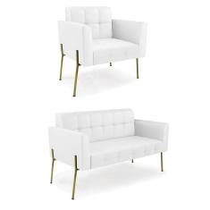 Sofá Namoradeira E Poltrona Base Pé De Ferro Dourado Elisa Corino D03 - D'rossi Cor Branco