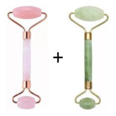 Rolo Massageador Facial Pedra Quartzo PEDRA ROSA + Pedra Jade VERDE - 