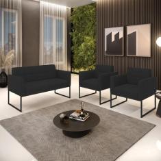 Kit 1 Sofá Namoradeira e 2 Poltronas Elisa Veludo Preto Base Metálica 