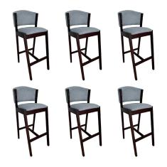 Kit 6 Banquetas Alta de Madeira Maciça Castanho Premium Ana com Encosto Linho Cinza