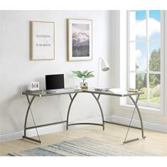 Escrivaninha de vidro em forma de L, mesa de console de escritório doméstico com moldura de metal, mesa de estudo, mesa de computador, penteadeira de maquiagem, estação de trabalho para pequenos