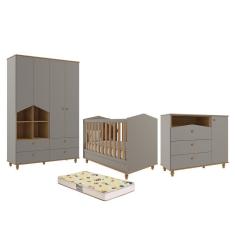 Dormitório Casinha Guarda Roupa, Cômoda 1 Porta e Berço Mimo com Colchão Supreme - Permóbili Baby