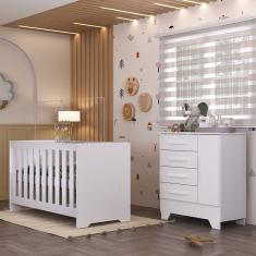 Quarto de Bebê com Cômoda 4 Gavetas 1 Porta e Berço 3 em 1 Catavento Maya Rodial - Branco