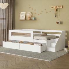 Cama Infantil Space Solteiro com 2 Gavetas, Rattan, Grade de Proteção e Escada de Acesso Casatema