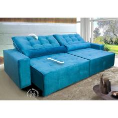 Sofá Retrátil Reclinável Montebello 2,50m Suede Velut Azul Marinho c/ Molas no Assento - King House