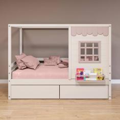 Cama Casinha Reta com 02 Gavetas Madeira Maciça Branco/ Rosa Housin