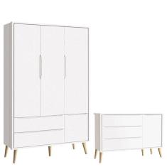 Cômoda Infantil Com Porta E Guarda Roupa 3 Portas Theo Branco Acetinado Pés Madeira Natural - Reller