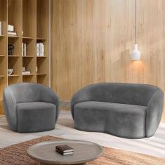 Conjunto 1 Sofá Living 160cm E 1 Poltrona íbis Encosto Fixo Veludo Grafite G33 - Gran Belo