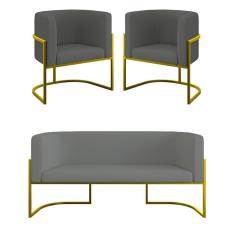 Kit 2 Poltronas Sofá 2 Lugares Para Recepção Gold Veludo Cinza