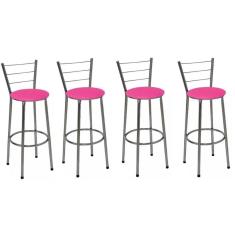 Kit 4 Banquetas Altas Cromada com Encosto Assento Rosa