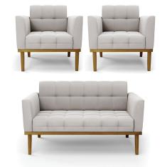 Sofá Namoradeira E 2 Poltronas Base Madeira Castanho Elisa Veludo Cinza D03 - D\'rossi