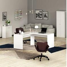 Conjunto Home Office 3 Peças 1 Mesa para Escritório em L 1 Armário e 1 Balcão Tecno Mobili Branco
