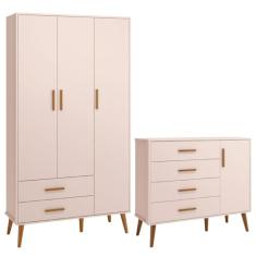 Comoda Sapateira e Guarda Roupa Isis Retrô 3 Portas 2 Gavetas Rosa Fosco - Reller