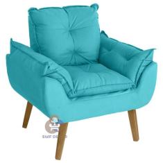 Poltrona/Cadeira Decorativa Glamour Opala Azul Turquesa Com Pés Quadra