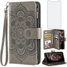 Asuwish Capa tipo carteira compatível com iPhone 11 Pro 5.8 e protetor de tela de vidro temperado flor couro flip porta-cartões com suporte para celular para iPhone11pro iPhone11 i XI 11s 11pro