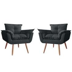 Kit 02 Poltronas Decorativa Opalla Pés Palito Suede Preto - DS Estofad