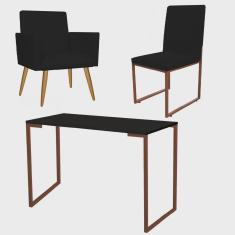 Kit Escritório Stan Poltrona com Cadeira e Mesa Industrial Tampo Preto Bronze Corino Preto - Ahz Móveis