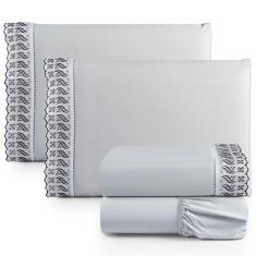 Jogo De Lençol King 4 Pçs Basic Percal 180 Fios Lese Bordado Inglês - Cinza