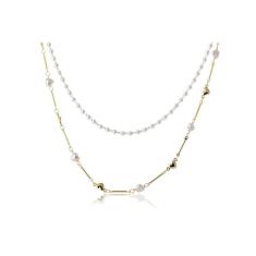 Colar Duplo Com Corrente De Pérola E Mini Corações Dourados Folheado Em Ouro 18k