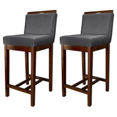 Kit 2 Banquetas Média Estofadas com Encosto Líbia Madeira Capuccino Suede Cinza CCS