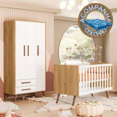 Quarto de Bebe com Berço Americano 3820 e Roupeiro 3830 Qencanto Retrô Qmovi Freijó Branco Acetinado + Colchão Ortobom