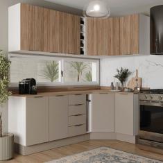Cozinha Modulada 8 Peças com Tampo com Rodapé 4 Aéreos e 4 Balcões Ipanema Cabecasa Madeiramadeira Cinza Trama/ Acácia