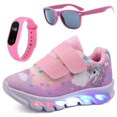 Tenis Infantil De Led Unicornio Calce Facil Meninas LIGHT + Oculos Rel