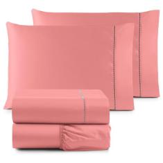 Jogo de lençol queen 4pçs 600 fios aveludado rosa - sheik bordados