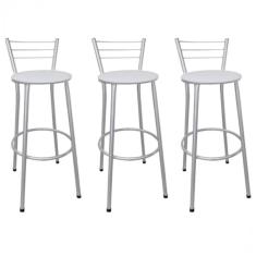 Kit 3 Banquetas Altas Prata com Encosto Assento Branco
