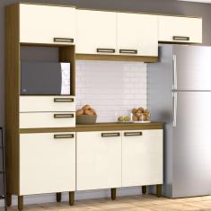 Cozinha Compacta  1 Balcão  1 Armário Alto  e Armário Aério 7 Portas 2 Gavetas Star Briz Marrom/Off White