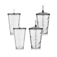 Kit 2 Copos Com Tampa 700Ml 2 Copos Com Tampa 550Ml Acrílico - Krystal