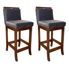 Kit 2 Banquetas Médias Estofada para Cozinha Gourmet 38x92 Cm Turim Madeira Maciça Suede Cinza CCS