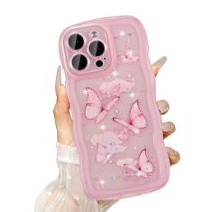 UEEBAI Capa Wave para iPhone 16 Pro de 6,3 polegadas, linda capa brilhante com glitter para mulheres, capa de telefone bonita e brilhante para meninas, capa transparente com borboleta, ondulada, à