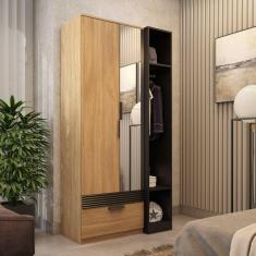 Guarda Roupa Solteiro com Espelho 2 Portas 1 Gaveta Capri Marafon Móveis Amêndoa/Preto