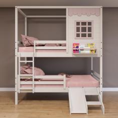 Beliche Casinha Reta com Grade Removível e Escorregador Madeira Maciça Branco/ Rosa Housin
