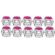 Kit 10 Puff Banqueta Aramado Mila Base Preta Hexágono Suede Pink - DAM