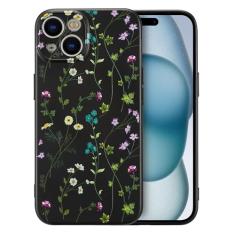 RALEAVO Capa floral para iPhone 15, capa de silicone líquido com lindo padrão de ramo de flores para meninas e mulheres, capa protetora de borracha macia fina para iPhone 15 (6,1 polegadas), preta