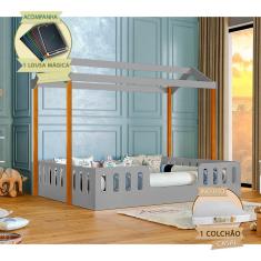 Cama Casal Com Colchão Casinha Montessoriana ágatha Cinza-amêndoa Incluso Lousa Mágica - Cinza