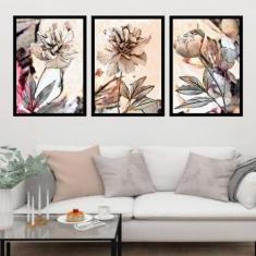 Kit 3 Quadros Decorativos Flores Neutras 45X34Cm - Quadros On-Line