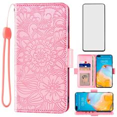 Capa carteira compatível com Huawei P40 Pro Plus 5G e protetor de tela de vidro temperado porta-cartões de couro acessórios de celular capa para telefone Havaí P 40 Pro+ 40P + P40ProPlus mulheres