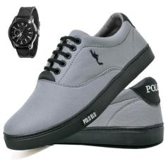 Kit Tênis Casual Masculino Lona + Relógio Analógico - Polo Blu, Cinza,
