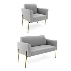 Sofá Namoradeira E Poltrona Pé De Ferro Dourado Marisa Suede Cinza D03