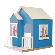 Casinha De Brinquedo Artesanal Janela Lateral Versátil Com Cortinas Mdf Azul/branco L12 - Criança Feliz