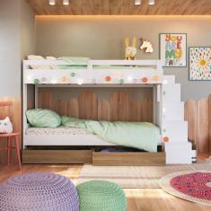 Beliche Infantil com Escada Nichos Gavetas Laterais e Gavetões Inferiores Branco/Aveiro Oak