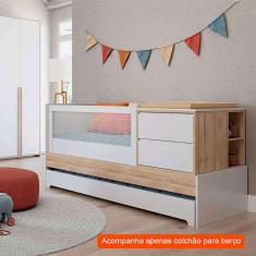 Berço Multifuncional Sol e Mar com Colchão Guldi Baby D20 (10x70x130) Branco e Carvalho Treviso