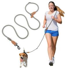 Mile High Life Coleira de cachorro mãos livres, correia de cintura transversal com conexão de couro legítimo, guia deslizante ajustável multifuncional para passear com cães e correr (Cáqui preto, 2,8